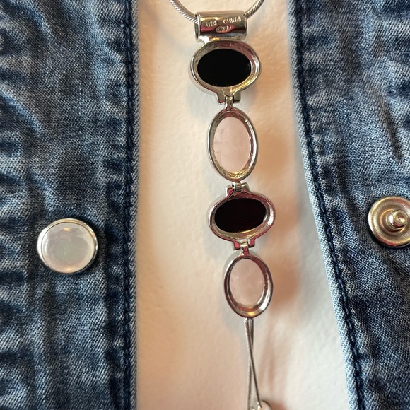 Sterling Onyx & Quartz Lariat Necklace 18"Necklace - Picture 6 of 15